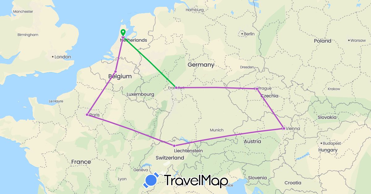 TravelMap itinerary: driving, bus, train in Austria, Belgium, Switzerland, Czech Republic, Germany, France, Netherlands (Europe)